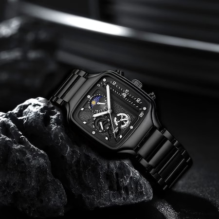 Ceas barbatesc Nibosi Elegant Negru Otel inoxidabil Quartz Analog Patrat [3]