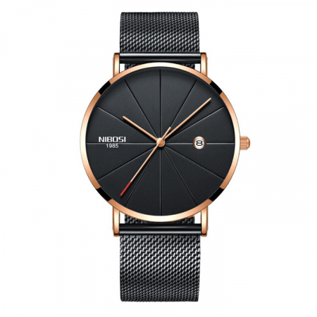 Ceasuri barbatesti - Ceas barbatesc Nibosi Negru Auriu Data Quartz Analog Bratara Reglabila Ultra subtire