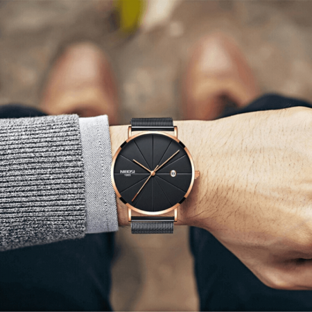 Ceas barbatesc Nibosi Negru Auriu Data Quartz Analog Bratara Reglabila Ultra subtire [2]