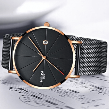 Ceas barbatesc Nibosi Negru Auriu Data Quartz Analog Bratara Reglabila Ultra subtire [1]