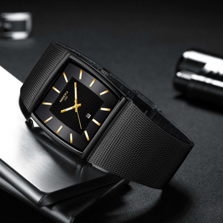 Ceas barbatesc Nibosi Quartz Analog Data Bratara tip plasa Negru Auriu Elegant [1]