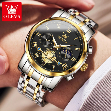 Ceas barbatesc Olevs Quartz Diamond Tungsten Analog Cronograf Fashion Argintiu Negru [4]