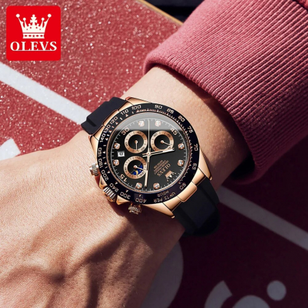 Ceas barbatesc Olevs Silicon Quartz Analog Data Cronograf Negru [2]