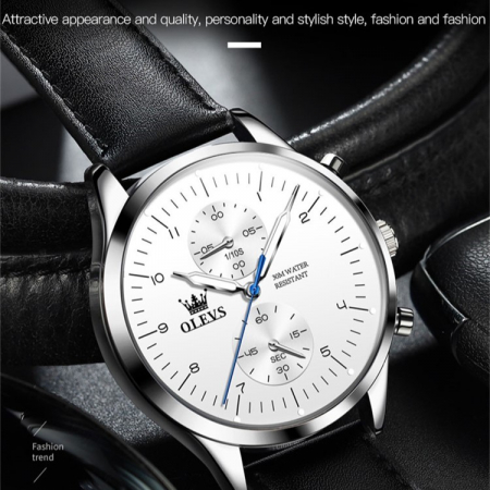 Ceas barbatesc Olevs Quartz Analog Piele Cronograf Business Casual Clasic Cadran argintiu [1]