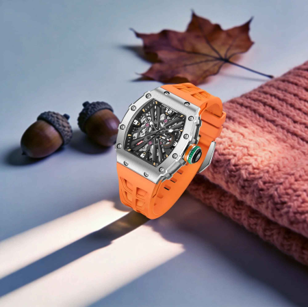 Ceas bărbătesc PAGANI DESIGN PD-1738 – skeleton quartz VH65, safir, curea silicon portocalie, design sport premium 42mm [1]