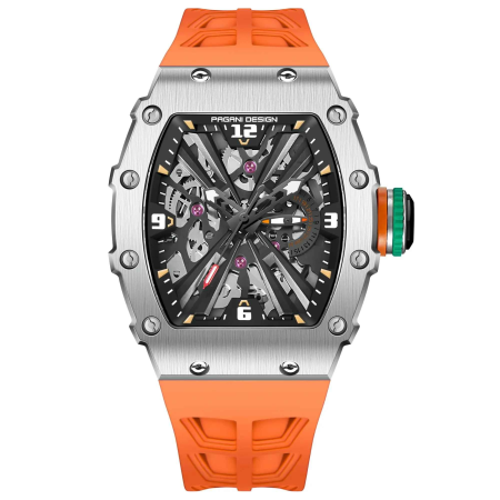 Ceasuri barbatesti - Ceas bărbătesc PAGANI DESIGN PD-1738 – skeleton quartz VH65, safir, curea silicon portocalie, design sport premium 42mm