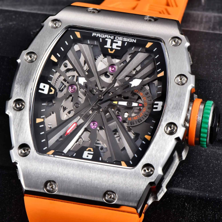 Ceas bărbătesc PAGANI DESIGN PD-1738 – skeleton quartz VH65, safir, curea silicon portocalie, design sport premium 42mm [4]
