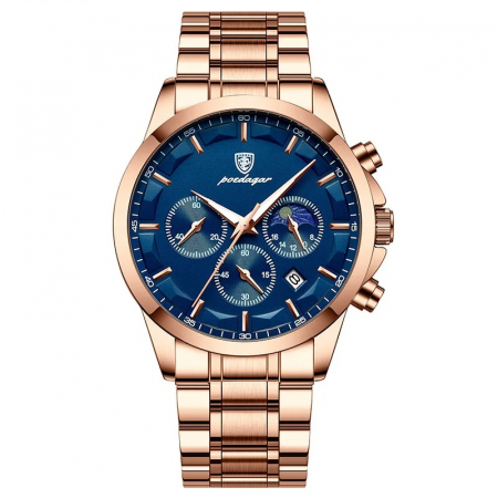 Modele noi - Ceas barbatesc Poedagar Quartz Cronograf Analog Elegant Data Otel Auriu Albastru