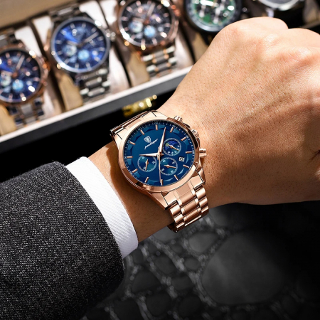 Ceas barbatesc Poedagar Quartz Cronograf Analog Elegant Data Otel Auriu Albastru [1]