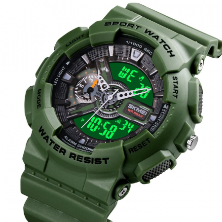 Ceas barbatesc SKME Dual Time cu cronometru, Alarma,  Temporizator, Data, Verde [1]