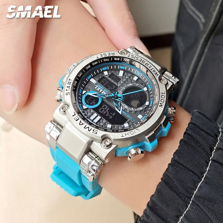 Ceas barbatesc Smael Albastru Argintiu Quartz Analog Digital Electronic Cauciuc Alarma [3]