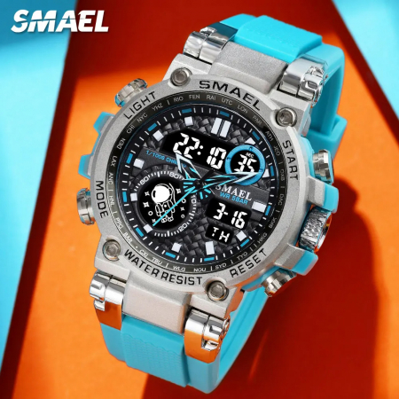 Ceas barbatesc Smael Albastru Argintiu Quartz Analog Digital Electronic Cauciuc Alarma [2]