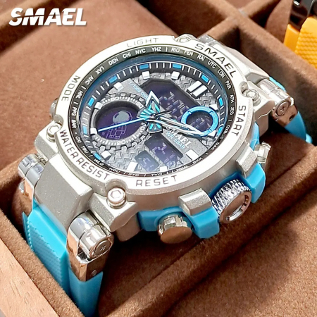 Ceas barbatesc Smael Albastru Argintiu Quartz Analog Digital Electronic Cauciuc Alarma [1]
