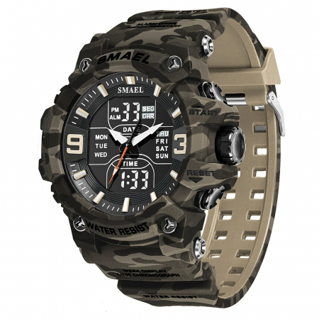 Ceasuri barbatesti - Ceas barbatesc Smael Sport Casual Stil Militar Army 5 ATM Data Lumina Alarma Cronometru Camo Khaki