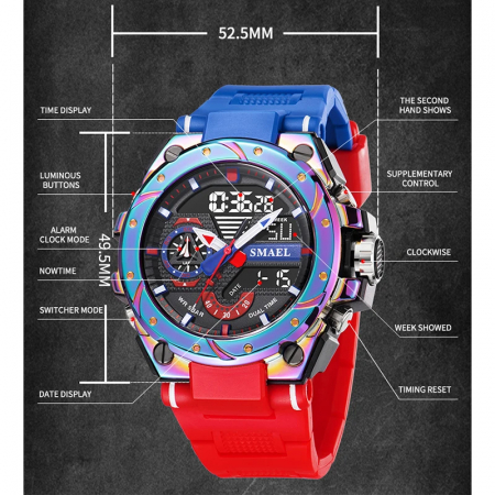 Ceas barbatesc Smael Sport Militar Dual Time Electronic Alarma Rosu [3]