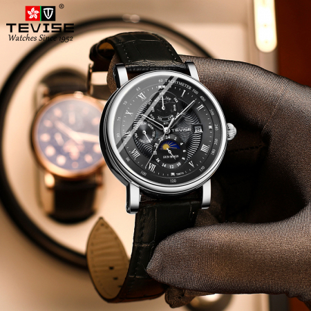 Ceas barbatesc Tevise Afisare data Curea piele Mecanic Automatic Negru [3]