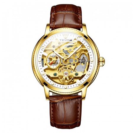 Ceasuri barbatesti - Ceas barbatesc Tevise Automatic Skeleton Curea piele Maro auriu