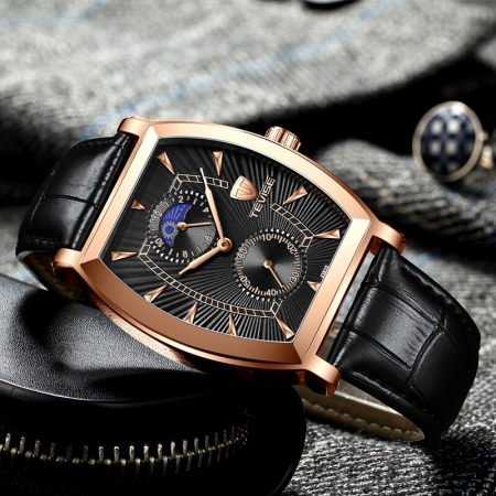Ceas barbatesc Tevise Clasic Luxury Elegant Curea piele Quartz Analog Negru Rose [1]