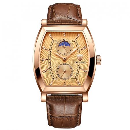 Ceas barbatesc Tevise Clasic Luxury Elegant Curea piele Quartz Analog Maro Rose [0]