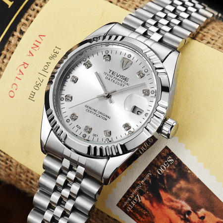 Ceas barbatesc Tevise Clasic Mecanic Automatic Analog Otel Elegant Data Argintiu [2]