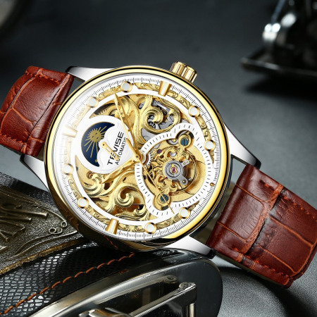 Ceas barbatesc Tevise Mecanic automatic Skeleton Auriu Maro Analog Elegant [2]