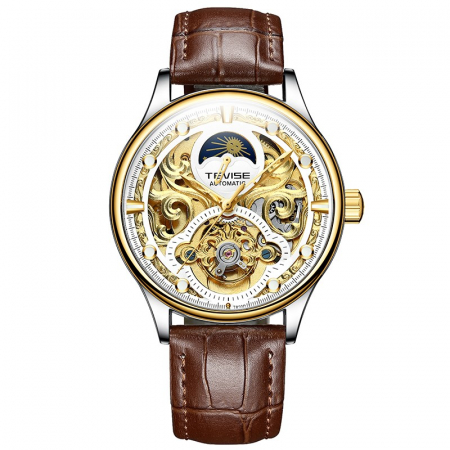 Ceas barbatesc Tevise Mecanic automatic Skeleton Auriu Maro Analog Elegant [0]