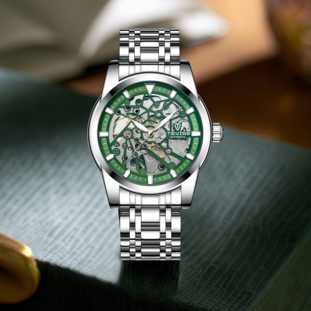Ceas barbatesc Tevise Mecanic Automatic Business Luxury Argintiu Verde [1]