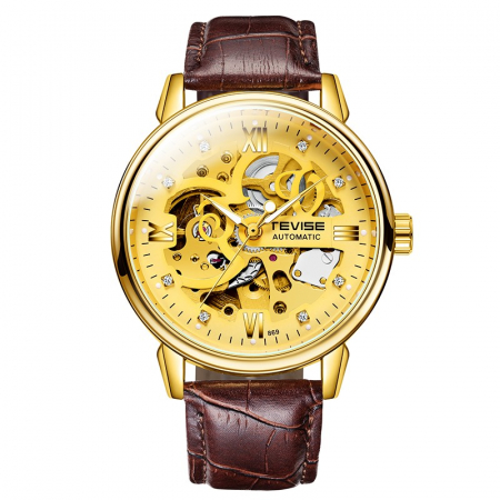 Ceasuri barbatesti - Ceas barbatesc Tevise Mecanic automatic Auriu Maro Skeleton Elegant