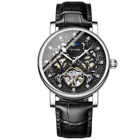 Ceasuri barbatesti - Ceas barbatesc Tevise Mecanic Automatic Skeleton Curea piele Negru