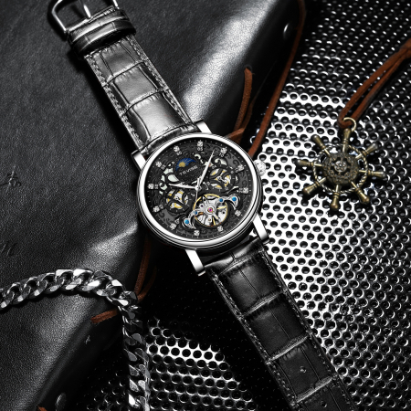 Ceas barbatesc Tevise Mecanic Automatic Skeleton Curea piele Negru [1]