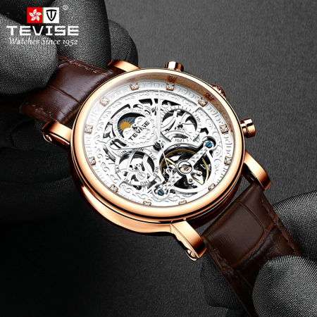 Ceas barbatesc Tevise Negru Elegant Skeleton Curea piele Analog [1]