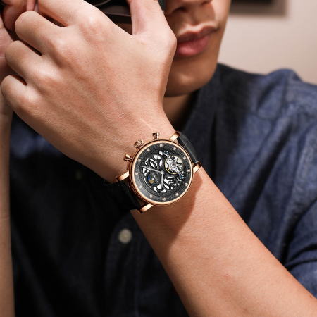 Ceas barbatesc Tevise Skeleton Mecanic Elegant Fashion Automatic Self Wind Luxury Negru [1]