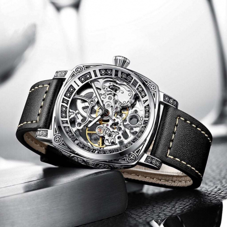 Ceas barbatesc Tio Mecanic Automatic  Skeleton Negru Curea piele Casual [3]