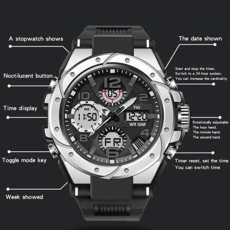 Ceas barbatesc TIO Militar Cronograf Digital Sport  Alarma Argintiu [5]