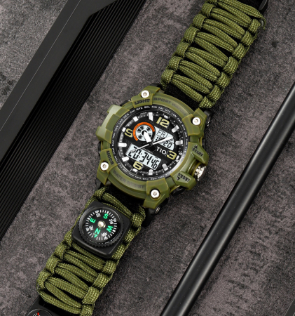 Ceas barbatesc Tio® Stil Militar, Army, Supravietuire, Cremene foc, Busola, Paracord, Fluier [2]