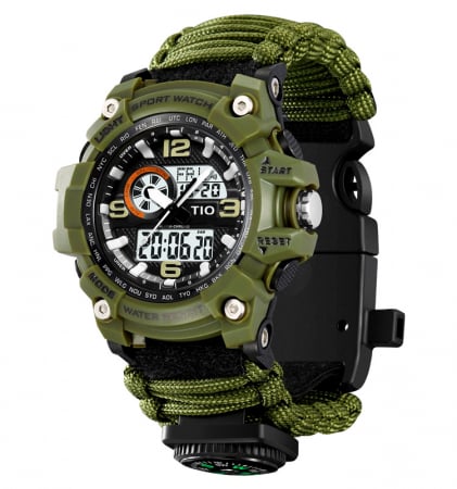 Ceas barbatesc Tio® Stil Militar, Army, Supravietuire, Cremene foc, Busola, Paracord, Fluier [0]