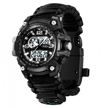 Ceas barbatesc Tio® Stil Militar, Army, Supravietuire, Cremene foc, Busola, Paracord, Fluier [0]