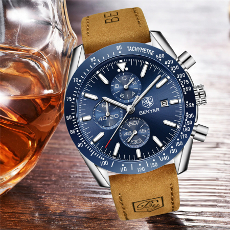 Ceas barbati Benyar Cronograf Quartz Luxury Analog Curea piele [4]