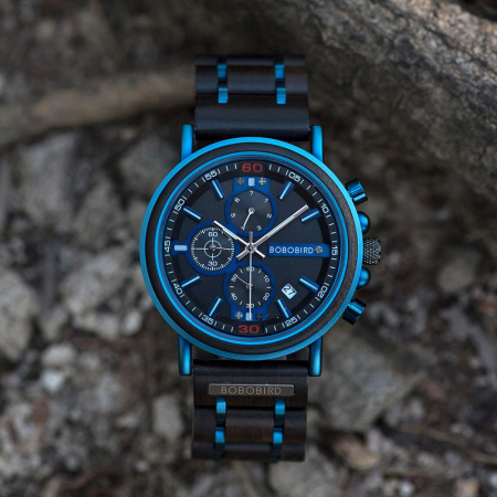 Ceas barbati Bobo Bird Lemn Cronograf Afisare data Quartz Analog Casual Elegant Albastru [3]
