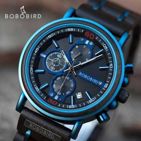 Ceas barbati Bobo Bird Lemn Cronograf Afisare data Quartz Analog Casual Elegant Albastru [5]