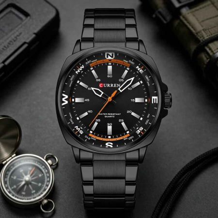 Ceas Bărbați CURREN 8455 Negru cu Accente Portocalii 41 mm Quartz, Brățară din Oțel Inoxidabil, Rezistent la Apă 3ATM [5]