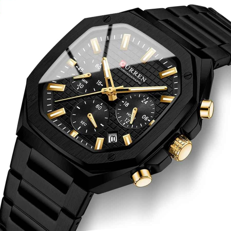 Ceas Bărbați Curren 8459 Negru Mat cu Brățară Metalică, Cronograf Quartz și Afișare Dată. [1]