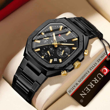 Ceas Bărbați Curren 8459 Negru Mat cu Brățară Metalică, Cronograf Quartz și Afișare Dată. [5]
