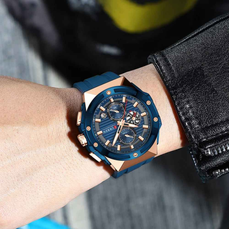 Ceas Bărbați Curren 8462 Albastru cu Accente Rose Gold, Cronograf Quartz, Curea Silicon, 3ATM [2]