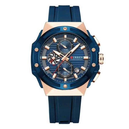 Modele noi - Ceas Bărbați Curren 8462 Albastru cu Accente Rose Gold, Cronograf Quartz, Curea Silicon, 3ATM