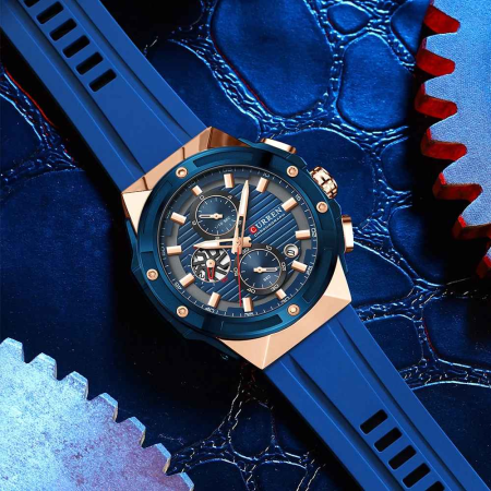 Ceas Bărbați Curren 8462 Albastru cu Accente Rose Gold, Cronograf Quartz, Curea Silicon, 3ATM [3]