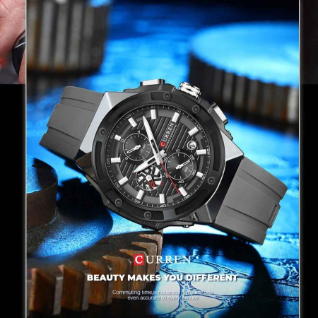 Ceas Bărbați Curren 8462 Gri Antracit, Cronograf Quartz, Curea Silicon Gri, Design Sport Modern [2]