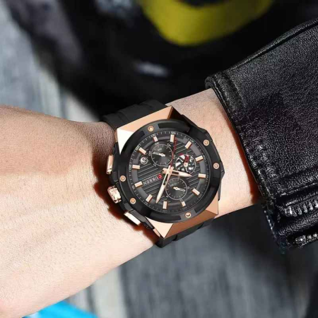 Ceas Bărbați Curren 8462 Negru cu Accente Rose Gold, Cronograf Quartz, Curea Silicon Neagră, 45 mm [2]