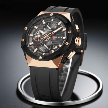 Ceas Bărbați Curren 8462 Negru cu Accente Rose Gold, Cronograf Quartz, Curea Silicon Neagră, 45 mm [3]