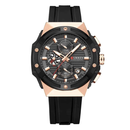 Modele noi - Ceas Bărbați Curren 8462 Negru cu Accente Rose Gold, Cronograf Quartz, Curea Silicon Neagră, 45 mm